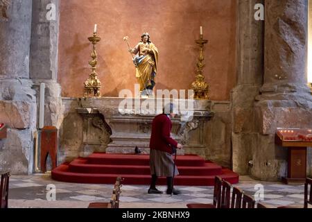 View of Sao Domingos's chuch in Lisbon, Portugal, on April 17, 2014. It is a church located in the Santa Justa neighborhood, Lisbon, Portugal. It was built in 1241. In 1959 there was a great fire, when it is visited you can still notice the impacts of the fire. (Photo by Oscar Gonzalez/NurPhoto) Stock Photo