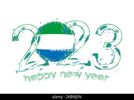 2023 Year in grunge style with flag of Sierra Leone. Holiday grunge vector illustration. Stock Vector