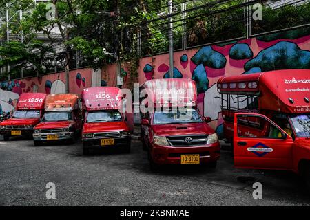 Taxi buses park in row at Sathorn pier on May 12, 2020 in Bangkok, Thailand. (Photo by Vachira Vachira/NurPhoto) Stock Photo