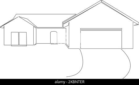 single line drawing of single-familiy home with garage, line art vector illustration Stock Vector