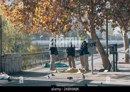 PDI Detectives (policia de investigaciones) found two dead bodies of homeless during quarantine nearby Santiago Central Market in Santiago, Chile, on May 16, 2020. (Photo by Gonzalo Murillo Iturbe/NurPhoto) Stock Photo