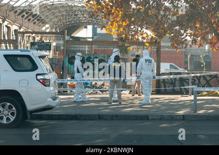 PDI Detectives (policia de investigaciones) found two dead bodies of homeless during quarantine nearby Santiago Central Market in Santiago, Chile, on May 16, 2020. (Photo by Gonzalo Murillo Iturbe/NurPhoto) Stock Photo