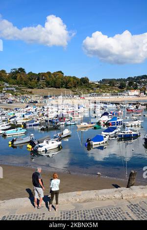 Elevated view towards Lyme Regis harbour and Cob, Devon, England, UK ...