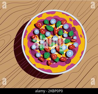 Delicious pizza on a plate on a wooden table, vector flat style illustration Stock Vector