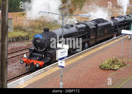 Steam Locomotive 45212 and 45407 Lancashire Fusilier at Rannoch Station, heading back to Carnforth at the end of the 2022 season, Scottish Highlands. Stock Photo