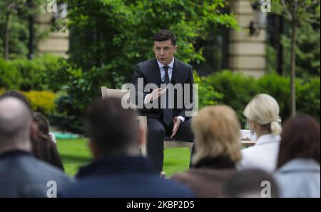 President of Ukraine Volodymyr Zelensky talks to media during his media conference in Kyiv, Ukraine, May 20, 2020. Due to the quarantine measures introduced in Ukraine to counter the spread of the COVID-19 epidemic, a limited number of media representatives were invited to a press conference by President Zelensky, on the anniversary of his election. (Photo by Sergii Kharchenko/NurPhoto) Stock Photo