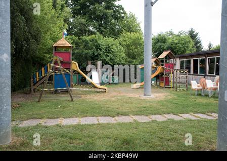 The children's play area attached to the pool, still inaccessible during the adaptation works against the coronavirus in view of the reopening. Lugo, Italy, 20 May 2020. (Photo by Andrea Savorani Neri/NurPhoto) Stock Photo