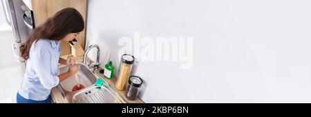 Cleaning Blocked Drain Sink. Kitchen Sewer Unclog With Plunger Stock Photo