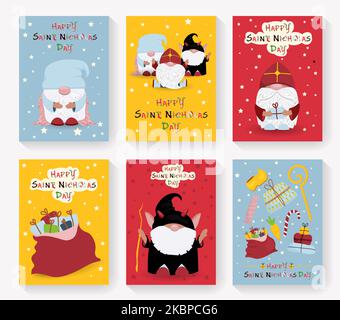 St. Nicholas Day set of postcards. Winter children s holiday. An old priest who brings gifts to children. Krampus and the angel helpers of St. Nichola Stock Vector