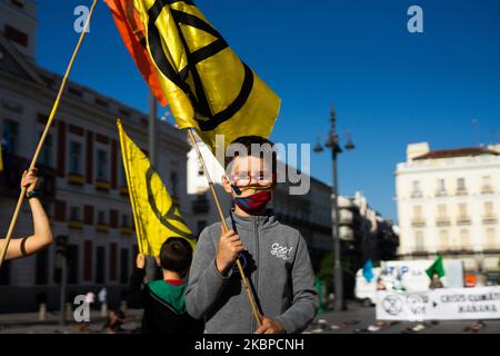 Children participating in the Extinction Rebellion movement, suggesting the XR flags and posters asking governments to act now in the face of the climate crisis in Plaza del Sol, Madrid, on May 29, 2020. (Photo by Jon Imanol Reino/NurPhoto) Stock Photo