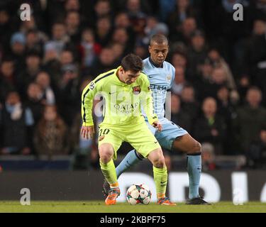 Lionel Messi of Barcelona in action with Fernandinho during the UEFA Champions League Round of 16 1st Leg between Manchester City and FC Barcelona at the Etihad Stadium, Manchester on Tuesday 24th February 2015 (Photo by Mark Fletcher/MI News/NurPhoto) Stock Photo