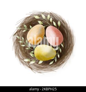 Bird's nest with colored Eggs and green plants. Hand painted Watercolor illustration for Happy Easter. Drawing for invitation or greeting card Stock Photo