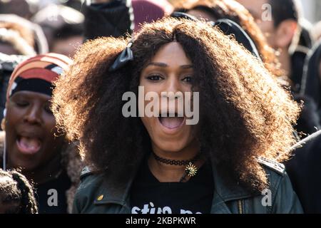 Assa Traore, the sister of the late 24-year-old Adama Traore who died during his arrest by the police in July 2016 in Beaumont-sur-Oise, during a rally in Paris, France, on November 5, 2016. (Photo by Jerome Gilles/NurPhoto) Stock Photo
