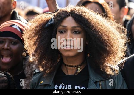 Assa Traore, the sister of the late 24-year-old Adama Traore who died during his arrest by the police in July 2016 in Beaumont-sur-Oise, during a rally in Paris, France, on November 5, 2016. (Photo by Jerome Gilles/NurPhoto) Stock Photo