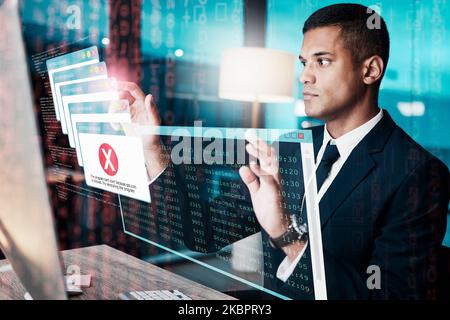 Finance, 404 and dashboard with a business man accounting on a digital system in his office at work. Computer, future and glitch with a male Stock Photo