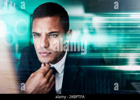 Thinking, computer coding and cyber businessman programming big data, stock market finance and digital software. Programmer, blockchain and security Stock Photo