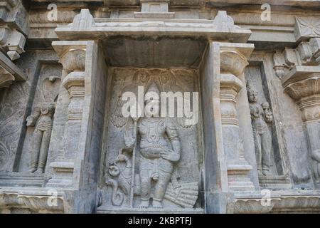 Stone figure of Lord Murugan adorns the raja gopuram tower of the Arul Eswari Muthumariamman Hindu temple in Jaffna, Sri Lanka on August 15, 2017. (Photo by Creative Touch Imaging Ltd./NurPhoto) Stock Photo