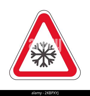 Traffic, warning sign snowfall. Yellow triangle Ice on isolated white
