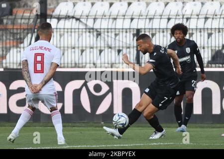 Omar El Kaddouri #7 of FC PAOK as seen in action during the PAOK v Olympiacos 0-1 for the Playoffs game of Super League in Greece after a three month long coronavirus freeze of the Greek championship on June 7, 2020 in Thessaloniki, Greece. Toumba Stadium, home of PAOK was empty, without fans as a protective measure against the spread of COVID-19 coronavirus pandemic and all the people inside have been examined and provided with masks and gloves. (Photo by Nicolas Economou/NurPhoto) Stock Photo