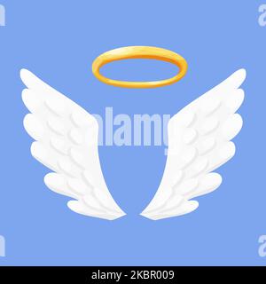 Angel wings white with halo, nimbus in cartoon style isolated on blue background, design element for decoration. Vector illustration Stock Vector