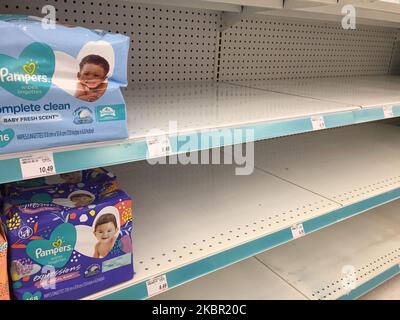 Almost empty shelf of baby diapers at a pharmacy during the novel coronavirus (COVID-19) pandemic in Toronto, Ontario, Canada on June 08, 2020. (Photo by Creative Touch Imaging Ltd./NurPhoto) Stock Photo