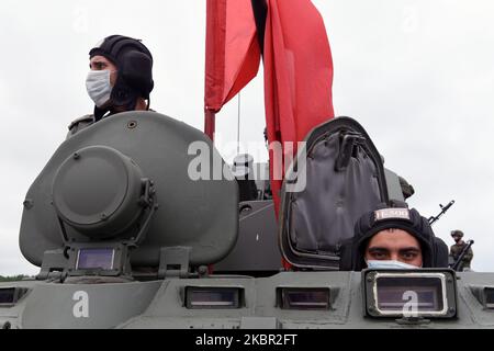 Servicemen are seen during a rehearsal of the upcoming military parade marking the 75th anniversary of the victory over Nazi Germany in World War II, in St. Petersburg, Russia, on June 11, 2020.(Photo by Sergey Nikolaev/NurPhoto) Stock Photo