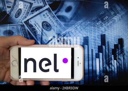 In this illustration is displayed on a smartphone's screen the company logo of Nel ASA, which focuses on production and distribution of hydrogen from renewable energy sources, is shown on the screen of a smartphone in front of a blue backdrop of the global stock markets and worldwide indices in Frankfurt, Germany, on 12th June, 2020. It is one of the global companies that develops and manufactures fuel cell products powered by hydrogen in the current alternative energy market. (Photo Illustration by Alexander Pohl/NurPhoto) Stock Photo