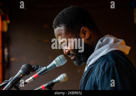 Jerry Afriyie, poet, and anti Black Pete activist, is giving a speech during the demonstration in solidarity with Palestine, at the Museumplein in Amsterdam, Netherlands on June 14th, 2020. (Photo by Romy Arroyo Fernandez/NurPhoto) Stock Photo