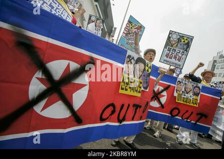 In This pictures is File Photos. Korean War Veterans shout slogans during a anti-NK rally in Seoul, South Korea. North Korea said Wednesday it has rejected South Korea's offer to send special envoys and will redeploy troops to two inter-Korean business zones near the border, unrelentingly ratcheting up tensions a day after the regime blew up a joint liaison office. The North's disclosure of its rejection of the special envoy proposal shows the regime has no intention to defuse tensions through dialogue and will carry out a series of measures it has threatened to take in anger over propaganda l Stock Photo