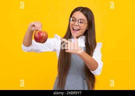 Spring everywhere. spring season fruits. full of vitamins. organic food only. natural and healthy. happy childhood. kid eat apple. child with fruit Stock Photo