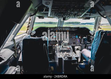 Cockpit pilot Flight Deck display. Throttle jet cabin with control panel plane. Stock Photo