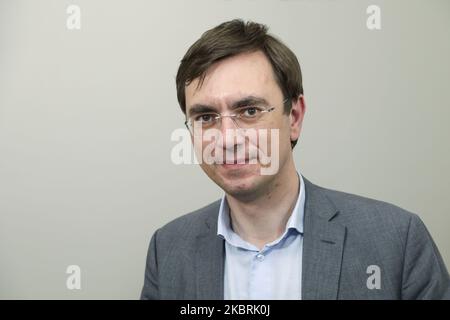 Former Minister of Infrastructure Volodymyr Omelyan is seen during his conversation with Ukrainian media in Kyiv, Ukraine, June 24, 2020. Detectives of the National Anti-Corruption Bureau investigating the former Minister of Infrastructure Volodymyr Omelyan order to reduce port fees by 20% in December 2017, due to which the state budget did not received UAH 30.5 million. ($ 1 million) (Photo by Sergii Kharchenko/NurPhoto) Stock Photo