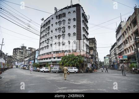 Security personnel petrol at Fancy Bazar area, which under curfew due to emergence of COVID-19 cases, in Guwahati, Assam, India on Thursday, June 25, 2020. (Photo by David Talukdar/NurPhoto) Stock Photo