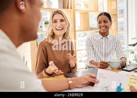Businessman, women or modern office meeting with documents in brand kpi research, target audience innovation or strategy planning. Smile, happy or Stock Photo