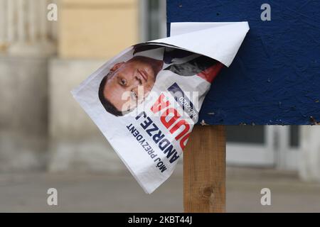 A detached election poster of Andrzej Duda, the current President of Poland. Poland's outgoing president Andrzej Duda failed to win an outright majority in last Sunday's 1st round of presidential election and is set to face Warsaw mayor Rafal Trzaskowski in a July 12th run-off. On July 04, 2020, in Krakow, Lesser Poland Voivodeship, Poland. (Photo by Artur Widak/NurPhoto) Stock Photo