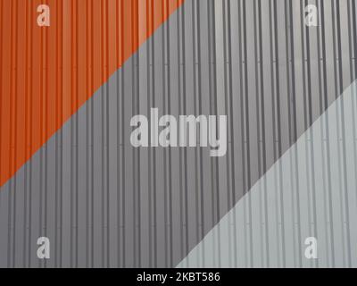 Outer wall made of metal in the colours orange, dark grey, light grey. The colours are arranged diagonally. Abstract background Stock Photo