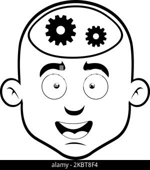 Vector illustration of the face of a male cartoon character with gears in his head, drawn in black and white. In man thinking concept Stock Vector