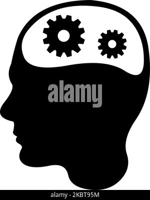 Vector illustration of icon of the silhouette of the head of a person with gears in the head, in concept of man thinking Stock Vector