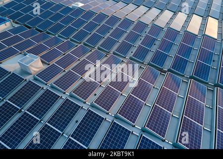 Aerial view of blue photovoltaic solar panels mounted on industrial building roof for producing green ecological electricity. Production of Stock Photo