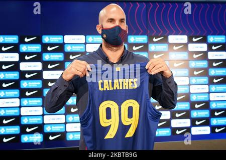 Presentation of Nick Calathes as new player of the FC Barcelona basketball team, on 10th July 2020, in Barcelona, Spain. (Photo by Noelia Deniz/Urbanandsport /NurPhoto) Stock Photo