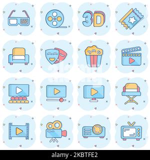 Cinema line icons in comic style. Entertainment set cartoon vector illustration on white isolated background. Movie media splash effect business conce Stock Vector
