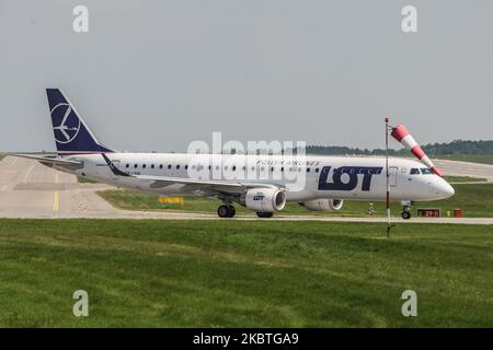 PLL LOT SP-LNM Embraer E195LR taxiing is seen at Gdansk Lech Walesa Airport in Gdansk, Poland on 20 June 2020 (Photo by Michal Fludra/NurPhoto) Stock Photo