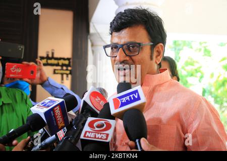 BJP senior leader Rajendra Rathore speaks to media person as he arrives to attend a meeting with state party president, in Jaipur, Rajasthan, India, on July 14, 2020. (Photo by Vishal Bhatnagar/NurPhoto) Stock Photo