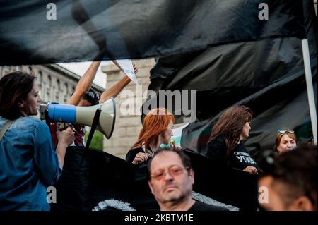 Thousands of people are gathered in the Bulgarian Capital of Sofia to protest against the corruption in Bulgaria. Anti-government protests are held in some of the biggest cities in Bulgaria against the Prime Minister Boyko Borissov, the rulling government and chief prosecutor. People are holding signs against Mafia and corruption in Bulgaria, Sofia, Bulgaria on July 14, 2020 (Photo by Hristo Rusev/NurPhoto) Stock Photo