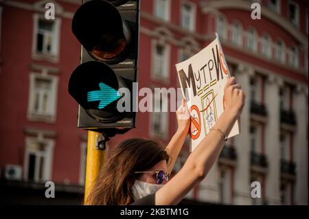 Thousands of people are gathered in the Bulgarian Capital of Sofia to protest against the corruption in Bulgaria. Anti-government protests are held in some of the biggest cities in Bulgaria against the Prime Minister Boyko Borissov, the rulling government and chief prosecutor. People are holding signs against Mafia and corruption in Bulgaria, Sofia, Bulgaria on July 14, 2020 (Photo by Hristo Rusev/NurPhoto) Stock Photo