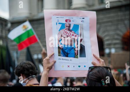 Thousands of people are gathered in the Bulgarian Capital of Sofia to protest against the corruption in Bulgaria. Anti-government protests are held in some of the biggest cities in Bulgaria against the Prime Minister Boyko Borissov, the rulling government and chief prosecutor. People are holding signs against Mafia and corruption in Bulgaria, Sofia, Bulgaria on July 14, 2020. (Photo by Hristo Rusev/NurPhoto) Stock Photo