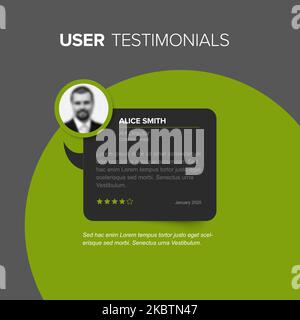 Simple dark minimalistic client user customer testimonial review card layout template with circle photo placeholder and sample, message in rounded spe Stock Vector