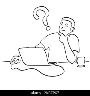 line art man thinking at his working desk with his laptop computer illustration vector hand drawn isolated on white background Stock Vector