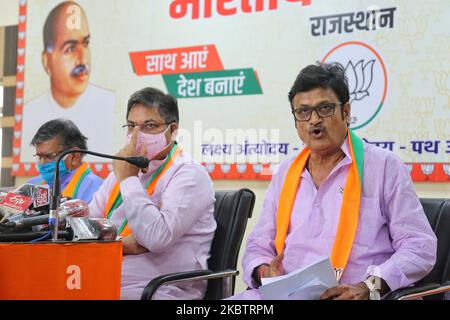 Jaipur: Rajasthan BJP President Satish Poonia with Senior Leaders Rajendra Rathore and Gulab Chand Kataria addresses a press conference at BJP Office in Jaipur, Rajasthan, India, on July 17, 2020. (Photo by Vishal Bhatnagar/NurPhoto) Stock Photo