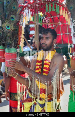 Tamil Hindu devotee performs the kavadi attam ritual the Vinayagar Ther Thiruvizha Festival in Ontario, Canada on July 23, 2016. The kavadi attam is an act of penance and is undertaken by devotees to remove the illness of a loved one or to ask God for a child to be born into the family. (Photo by Creative Touch Imaging Ltd./NurPhoto) Stock Photo